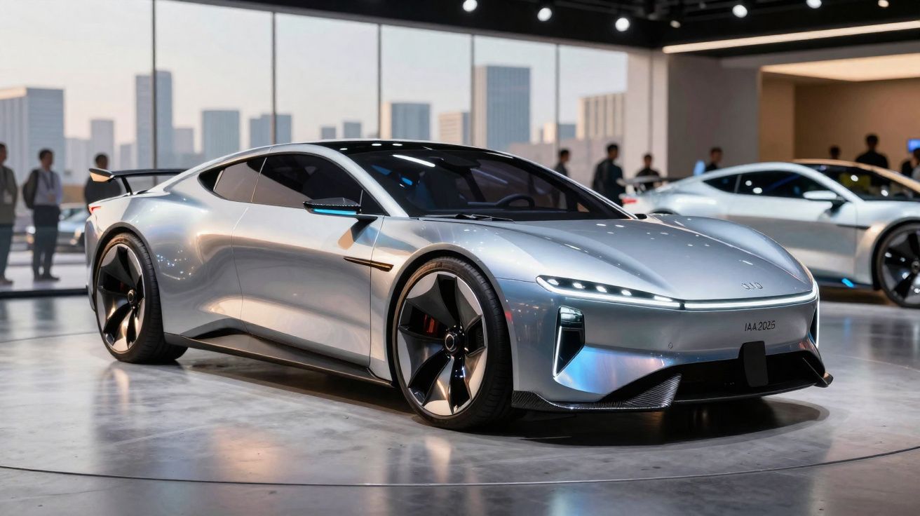 Carro desportivo elétrico prateado com design aerodinâmico exibido em salão automóvel moderno.