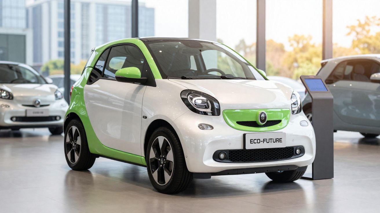 Automóvel elétrico branco com detalhes verdes estacionado em showroom moderno e bem iluminado.