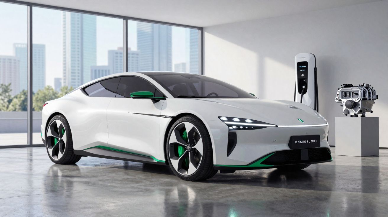 Carro elétrico desportivo branco com detalhes verdes numa garagem moderna, junto a estação de carregamento e motor exposto.