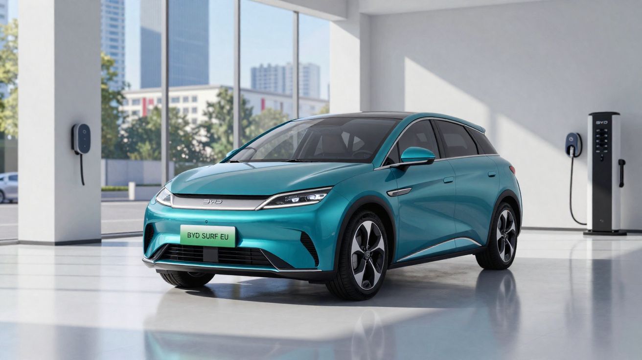 Carro elétrico azul BYD Surf EU estacionado em showroom moderno com carregadores nas paredes.