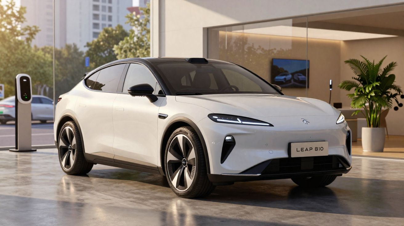 Carro elétrico branco estacionado numa garagem moderna com carregador de veículos elétricos ao lado.