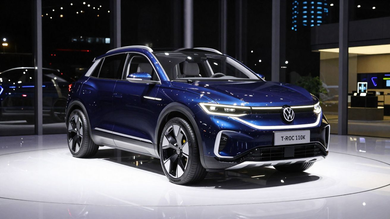 Carro elétrico Volkswagen T-Roc 110K azul exposto em ambiente interior moderno com iluminação noturna.
