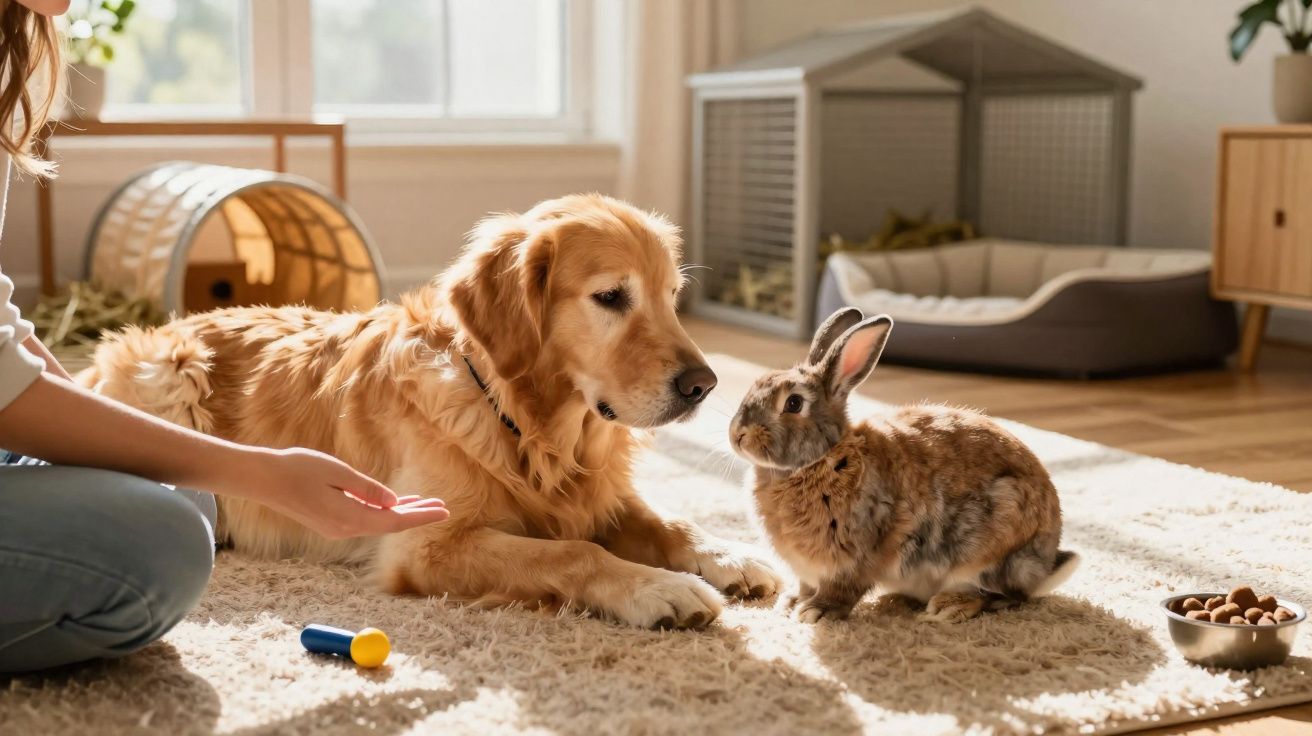 Cão golden retriever e coelho sentados no tapete, com pessoa a interagir dentro de casa iluminada.