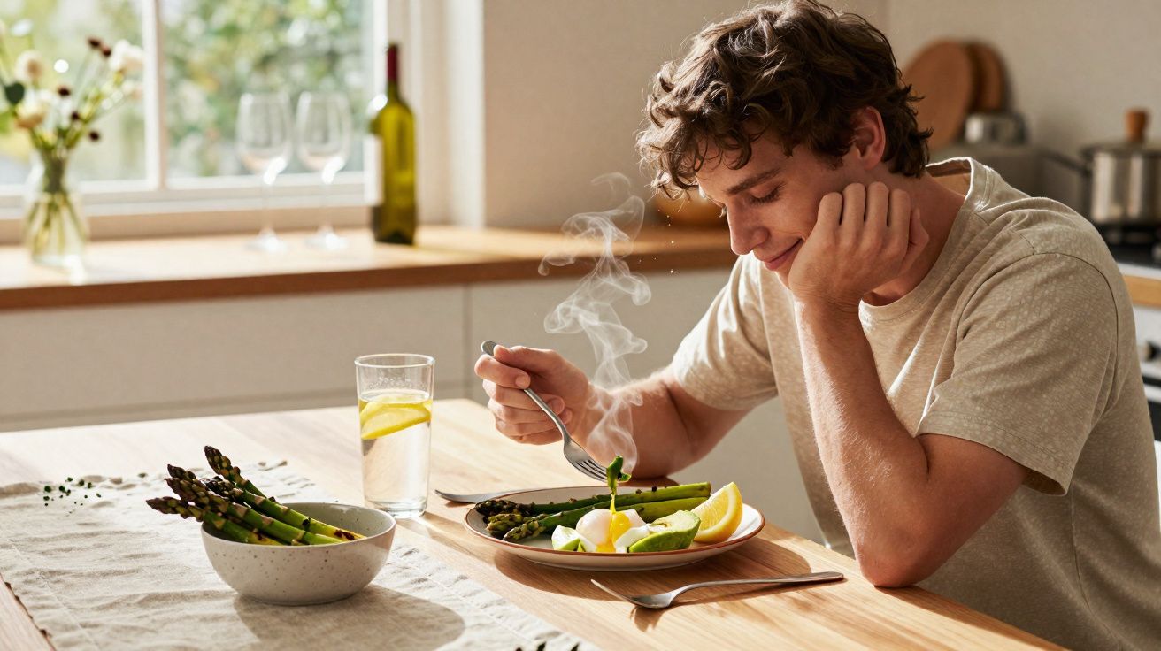Homem a saborear refeição quente com espargos e limão numa cozinha luminosa e acolhedora.