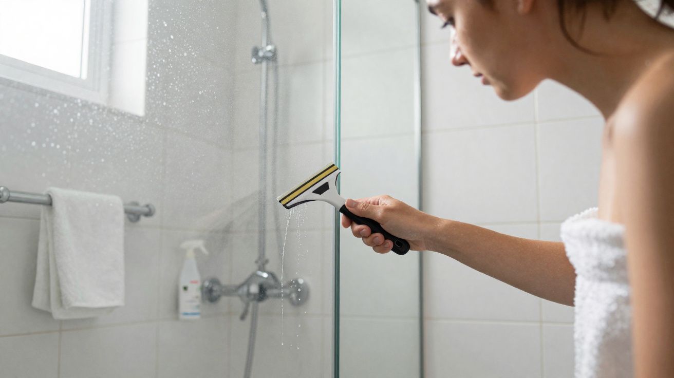 Pessoa a limpar porta de vidro do chuveiro com rodo num banheiro branco.