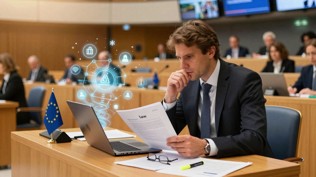 Homem de fato a analisar documento sobre lei, sentado numa sala de reuniões formal com bandeira da UE.