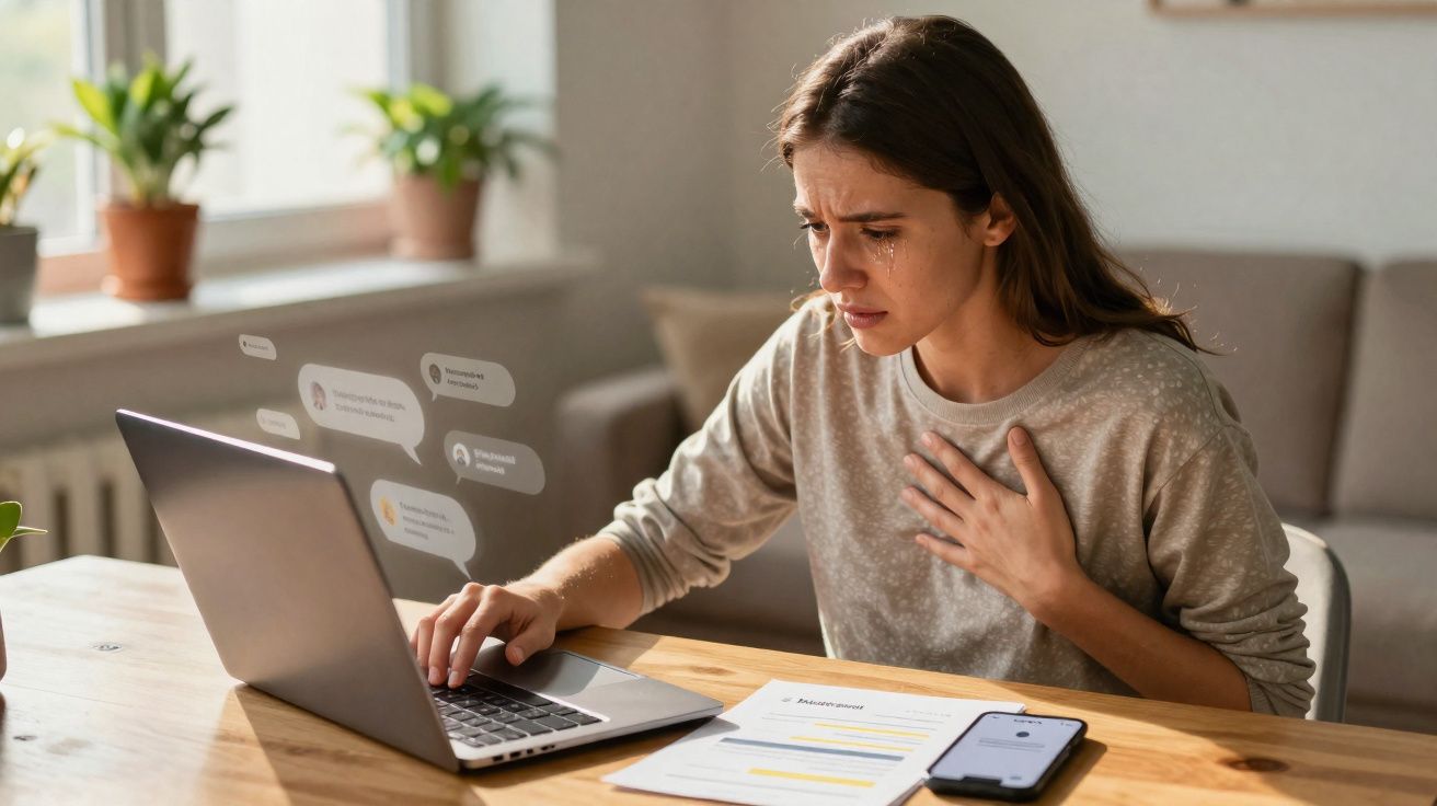 Mulher triste a receber mensagens negativas no computador, mostrando sinais de ansiedade ou stress.