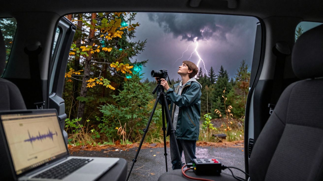 Pessoa a fotografar relâmpago numa floresta, vista do interior de uma carrinha aberta com portátil e equipamento.