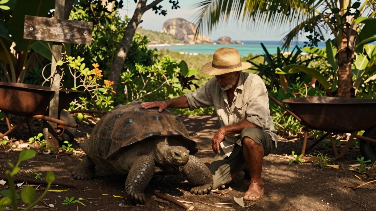 Homem idoso com chapéu toca tartaruga gigante num espaço natural com mar ao fundo.