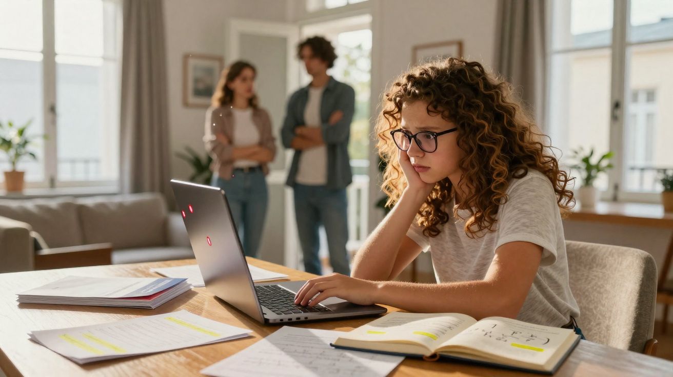 Adolescente com óculos a estudar no computador, enquanto dois adultos discutem ao fundo numa sala iluminada.