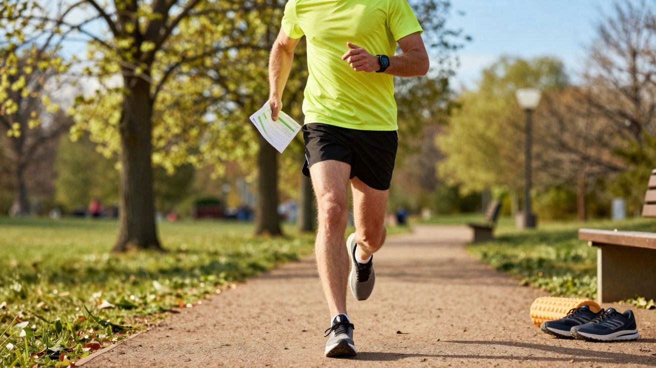 Homem a correr num parque com roupa desportiva amarela e preta, segurando um mapa ou papel na mão.