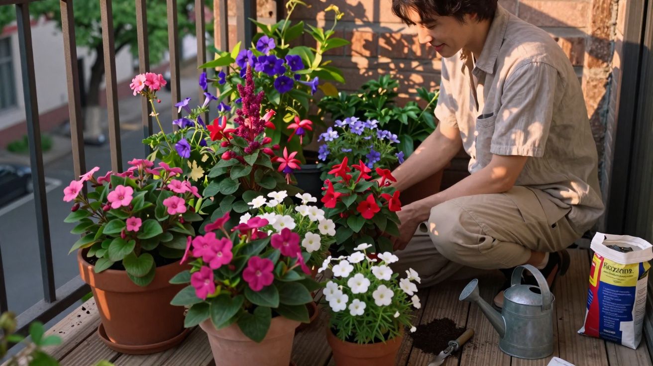 Pessoa a cuidar de flores coloridas em vasos num terraço ensolarado com regador e terra ao lado.