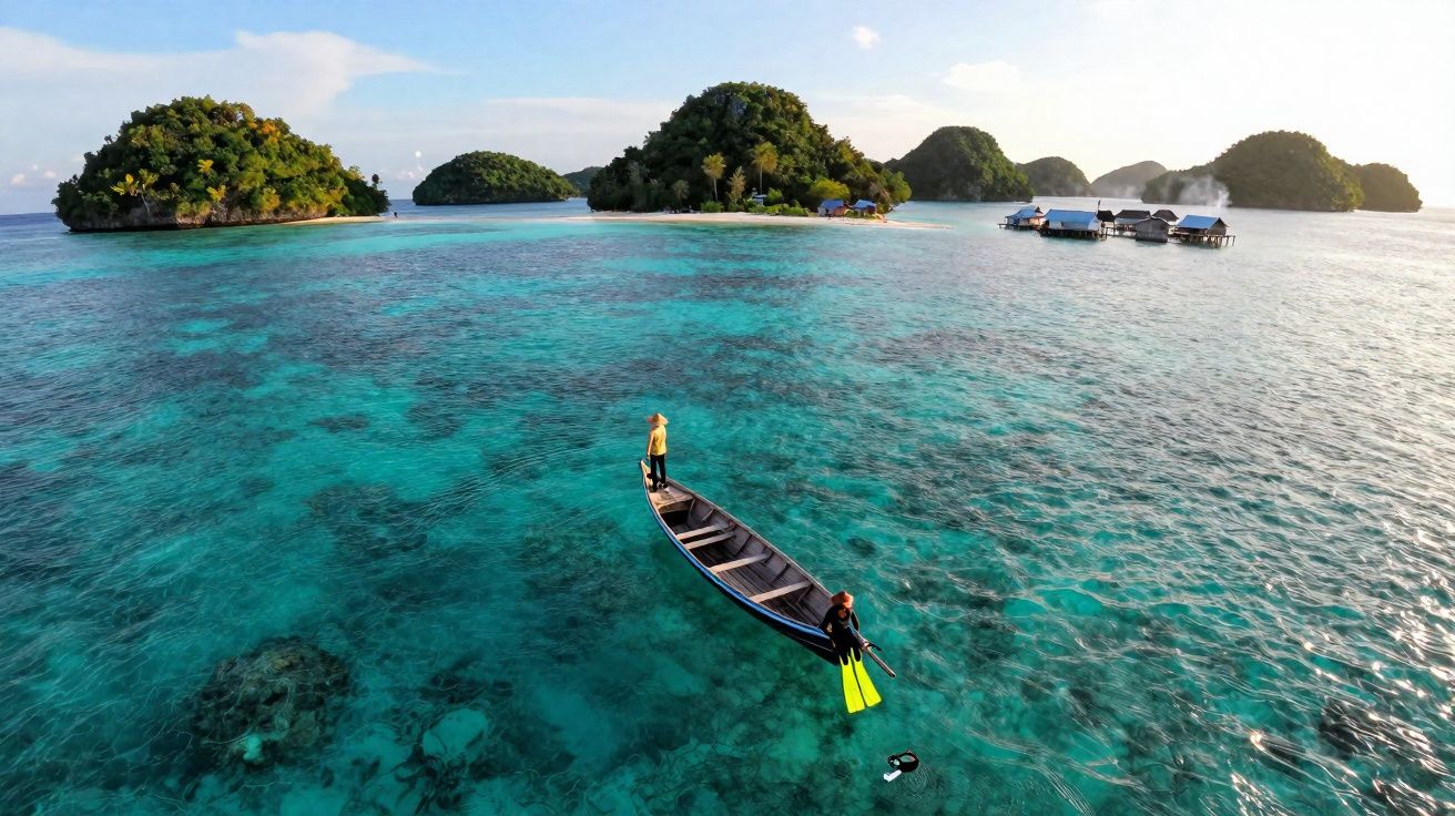 Barco com duas pessoas em águas transparentes turquesa perto de ilhas verdes e casas sobre a água ao fundo.