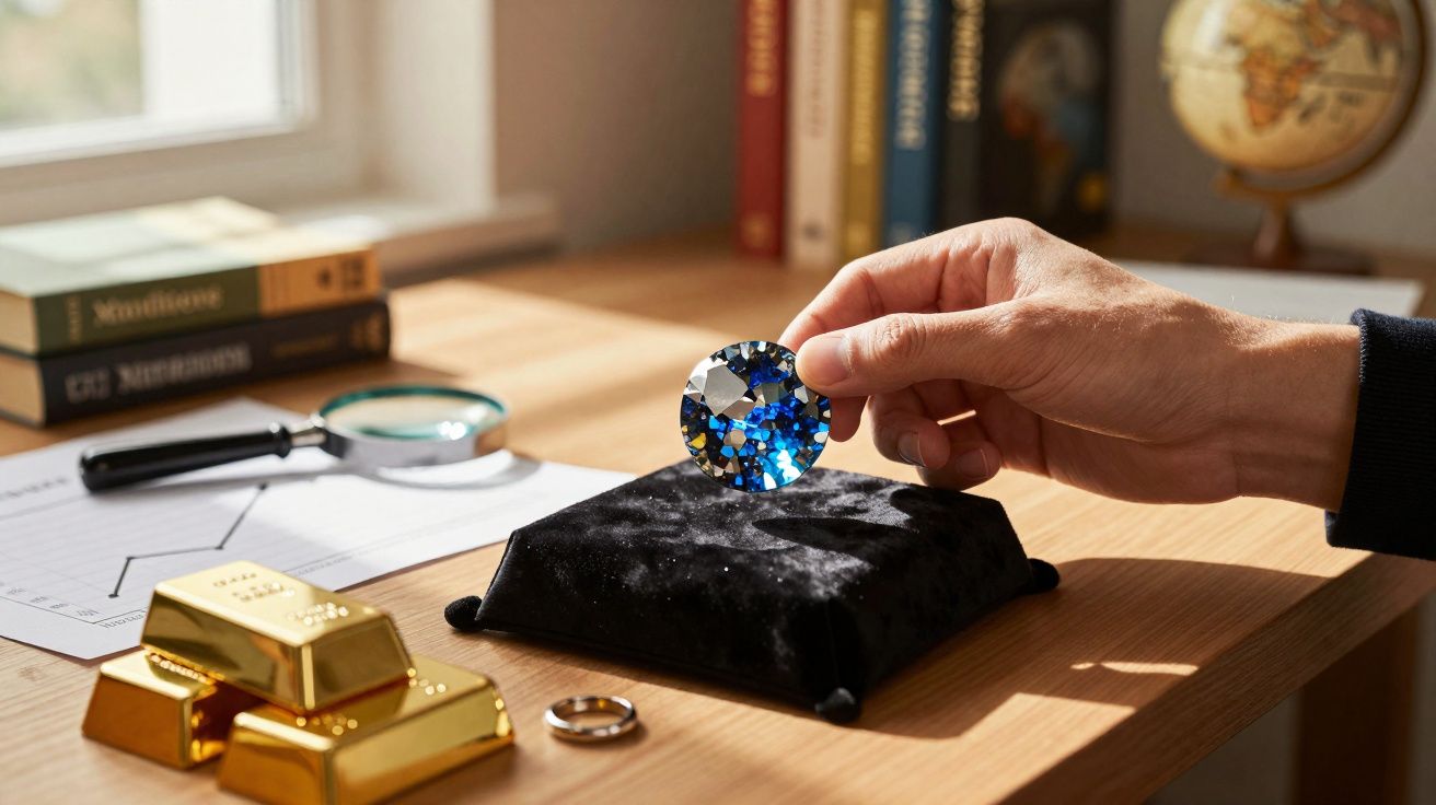 Mão a segurar um grande diamante azul sobre almofada preta, perto de barras de ouro, anel e livros numa secretária.