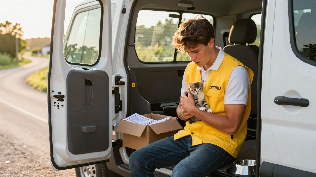 Jovem carteiro sentado na carrinha, segurando um gato pequeno nos braços, com porta aberta ao lado da estrada.
