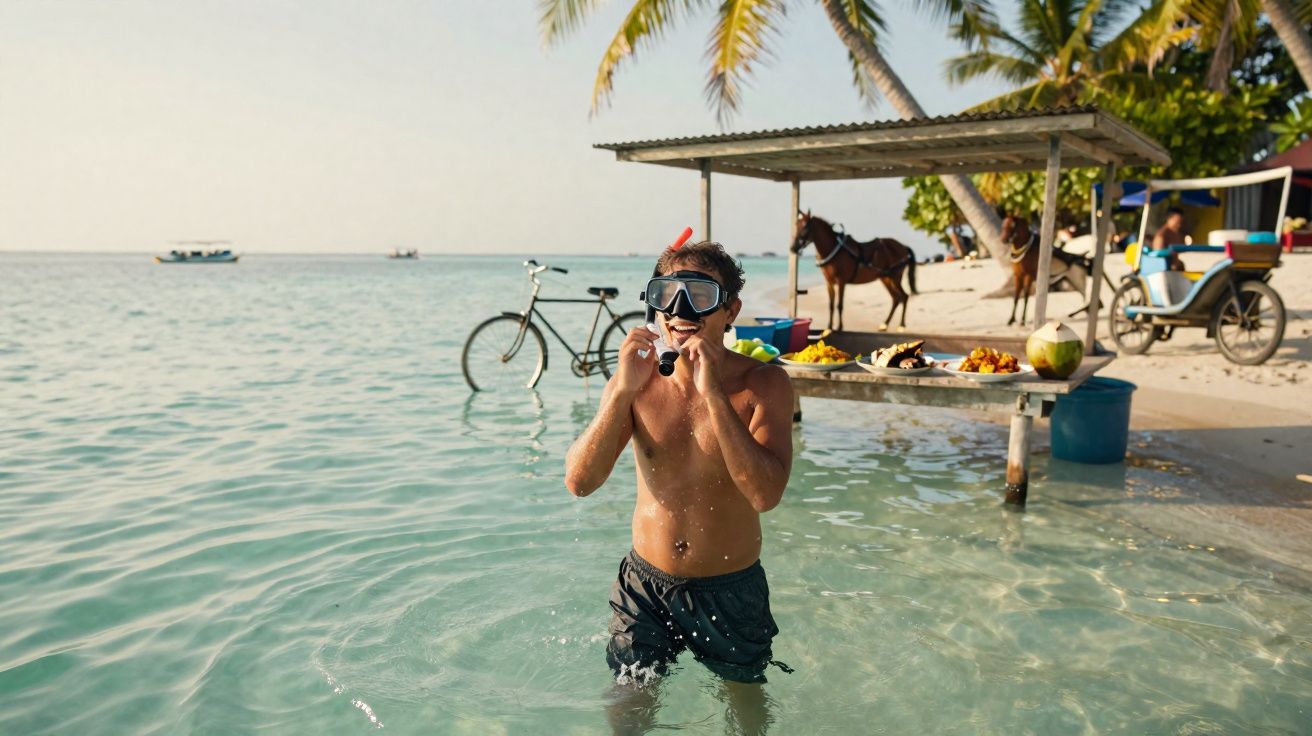Rapaz com máscara de mergulho na água junto à praia com bicicletas, cavalos e carruagem ao fundo.