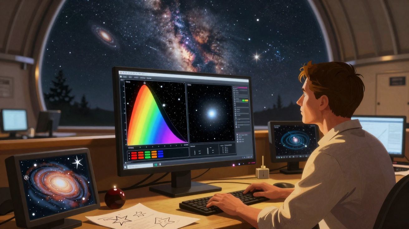 Pessoa a analisar imagens espaciais e gráficos num computador com a Via Láctea visível pela janela.