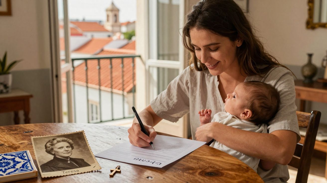 Mulher a escrever um documento com um bebé ao colo, mesa com fotografia antiga e crucifixo.