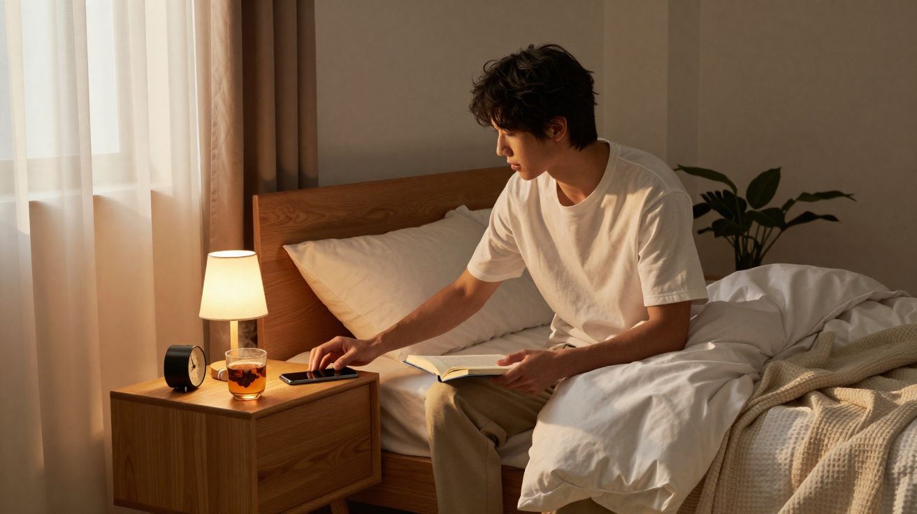 Homem sentado na cama a pegar no telemóvel com um livro aberto no colo, luz suave de candeeiro na mesa.
