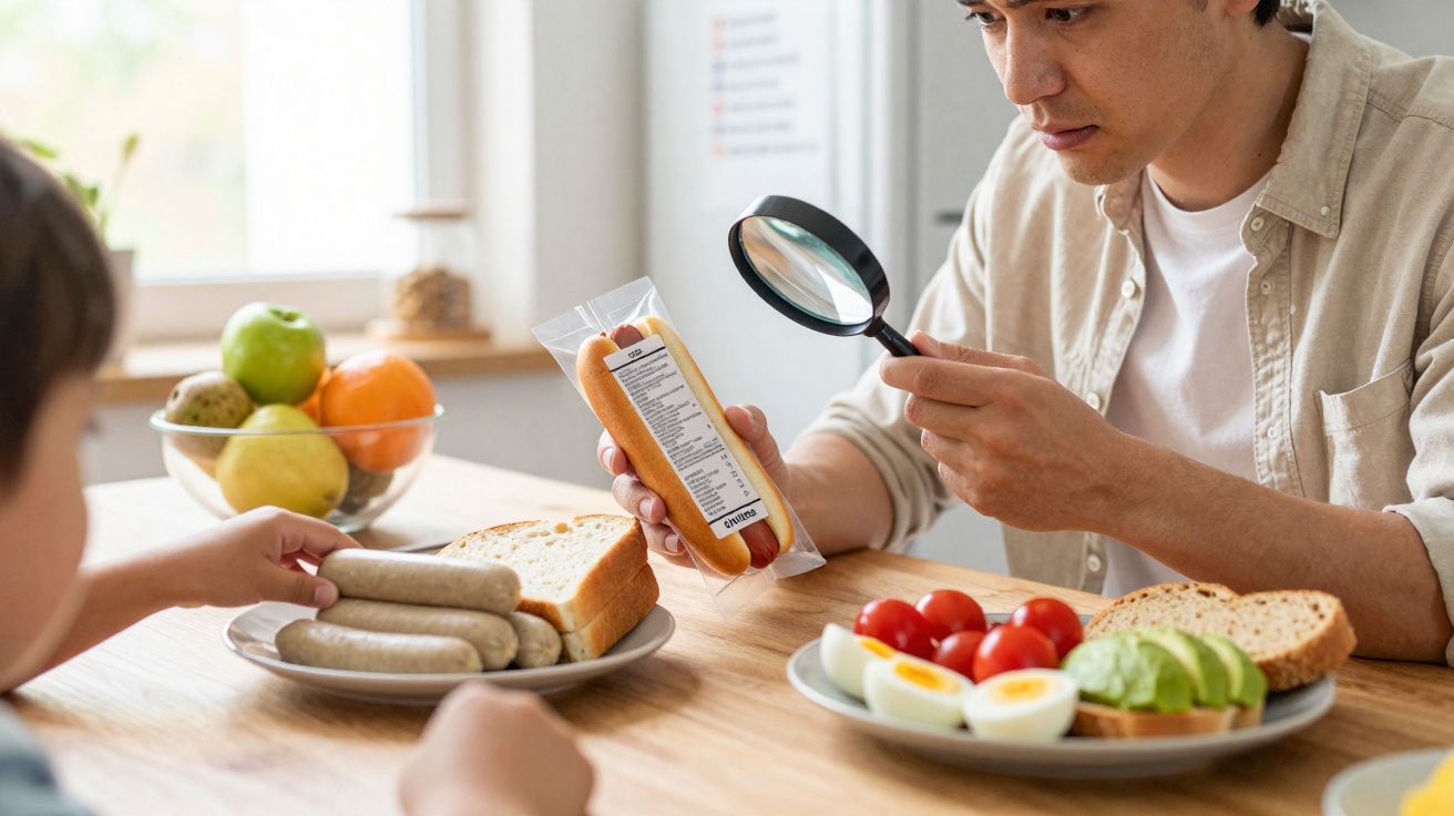 Homem a ler ingredientes de salsichas embaladas com uma lupa durante a refeição à mesa com uma criança.