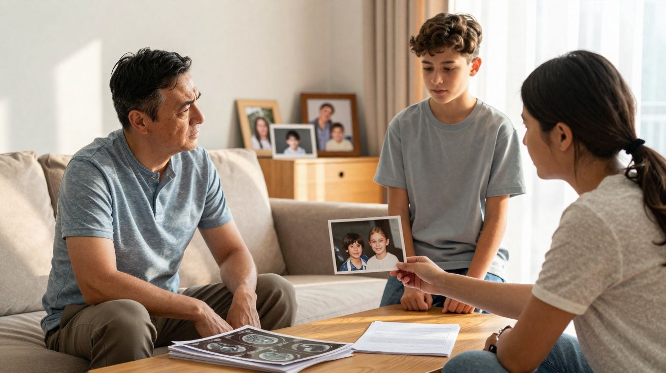 Família sentada na sala a olhar fotografias e exames médicos sobre a mesa de madeira.