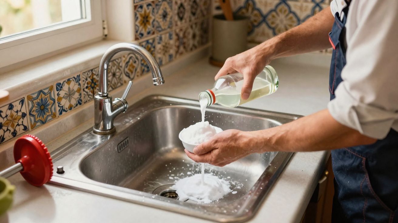 Pessoa a despejar vinagre numa tigela com bicarbonato de sódio na pia da cozinha para limpeza.