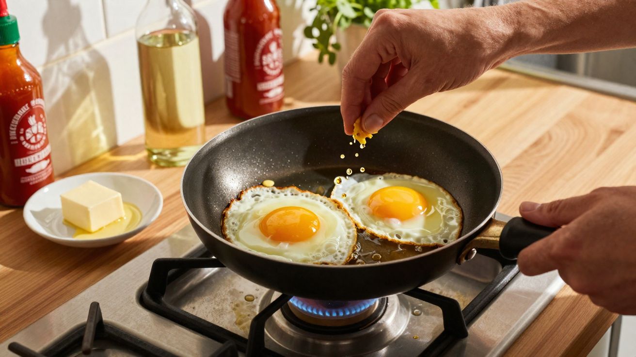 Mãos a temperar dois ovos estrelados numa frigideira preta sobre um fogão a gás, com manteiga e molhos ao fundo.