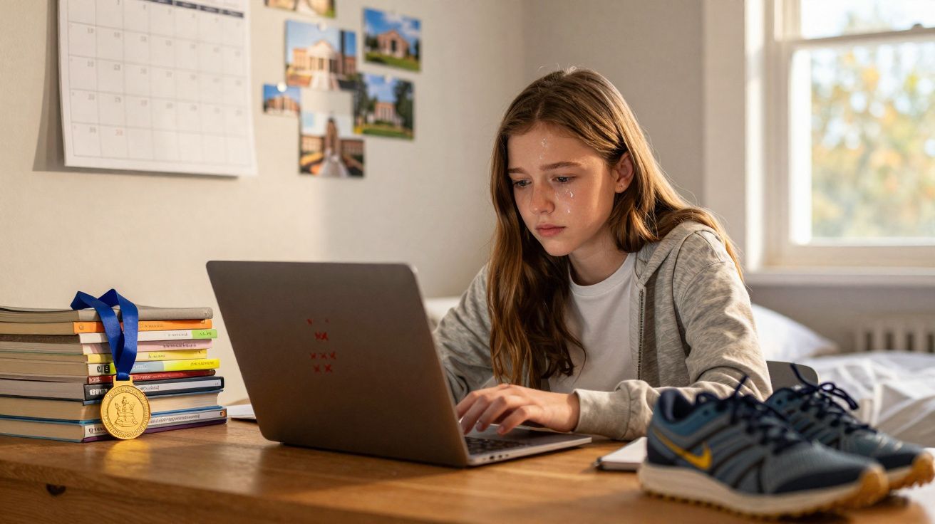 Rapaz triste a chorar enquanto trabalha no computador numa mesa com livros, medalha e ténis.