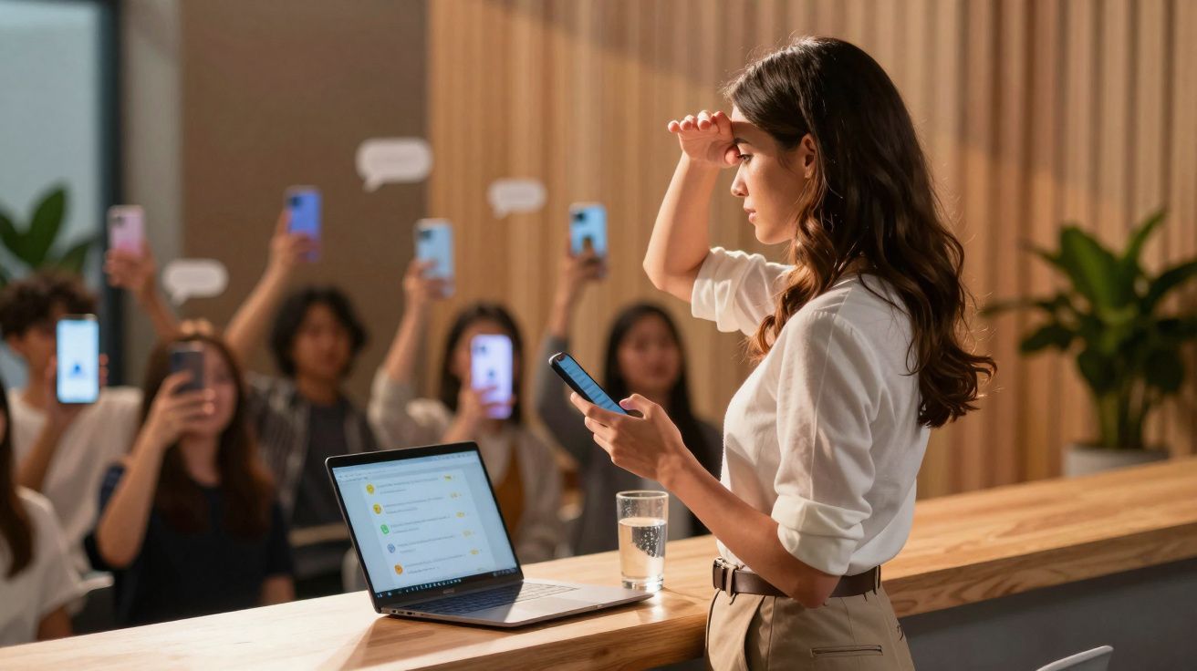 Mulher preocupada a olhar para telemóvel, grupo ao fundo a usar telemóveis e tirar fotos num ambiente interior.