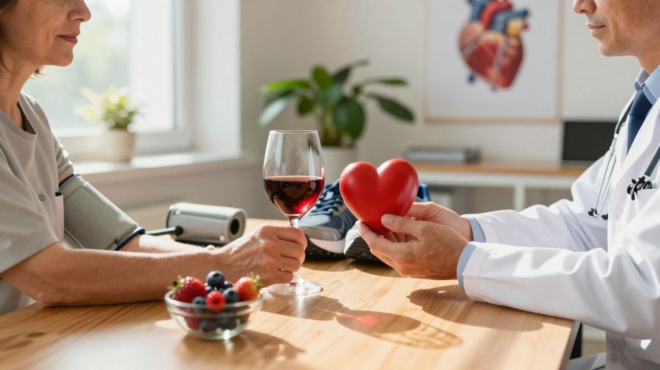 Paciente segura copo de vinho tinto diante de médico que segura coração simbólico na consulta.