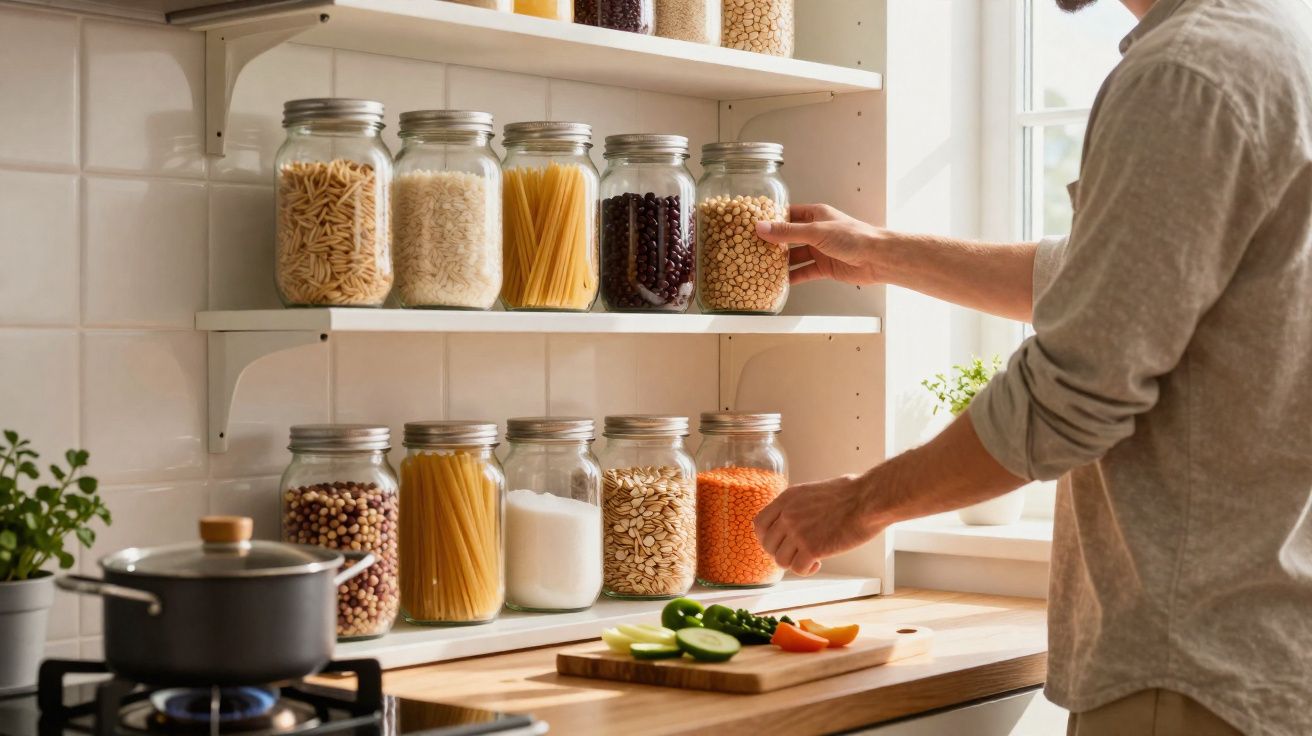 Pessoa a arrumar frascos com alimentos secos em prateleira de cozinha luminosa junto a janela.