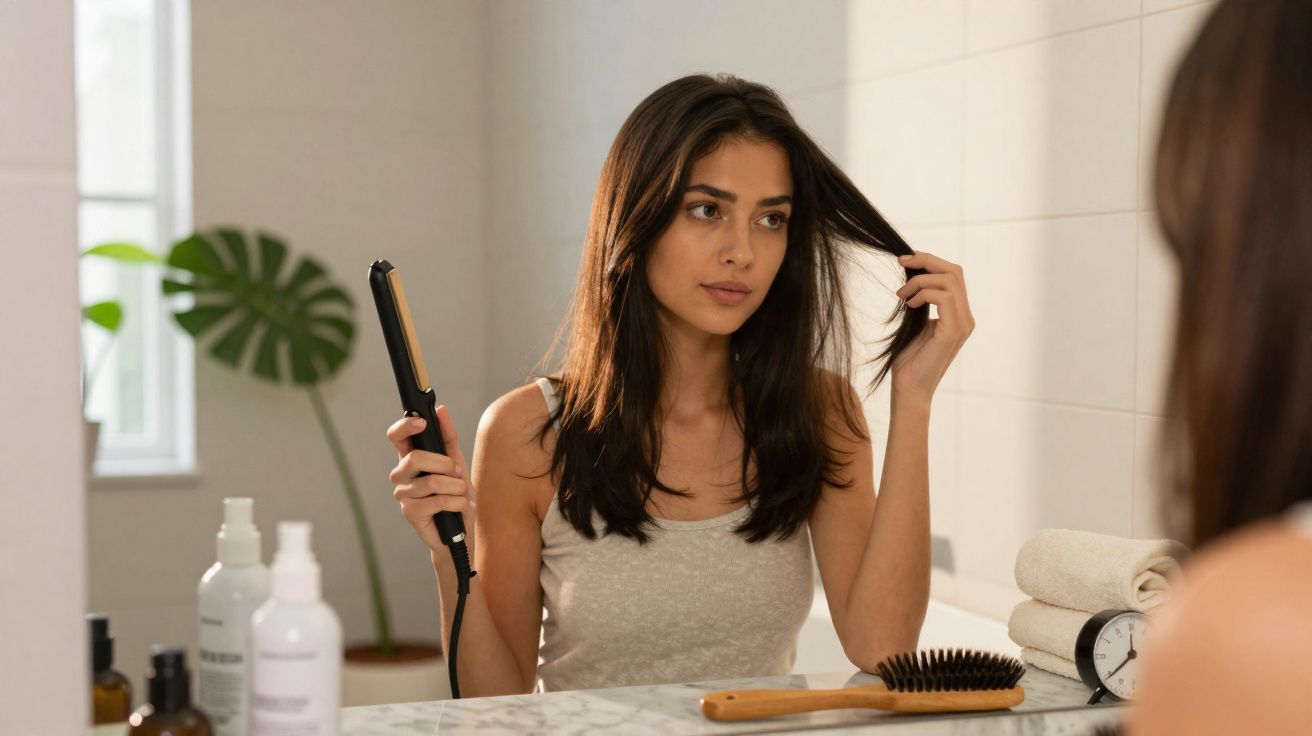 Mulher num banheiro a alisar o cabelo com prancha, olhando para o espelho.