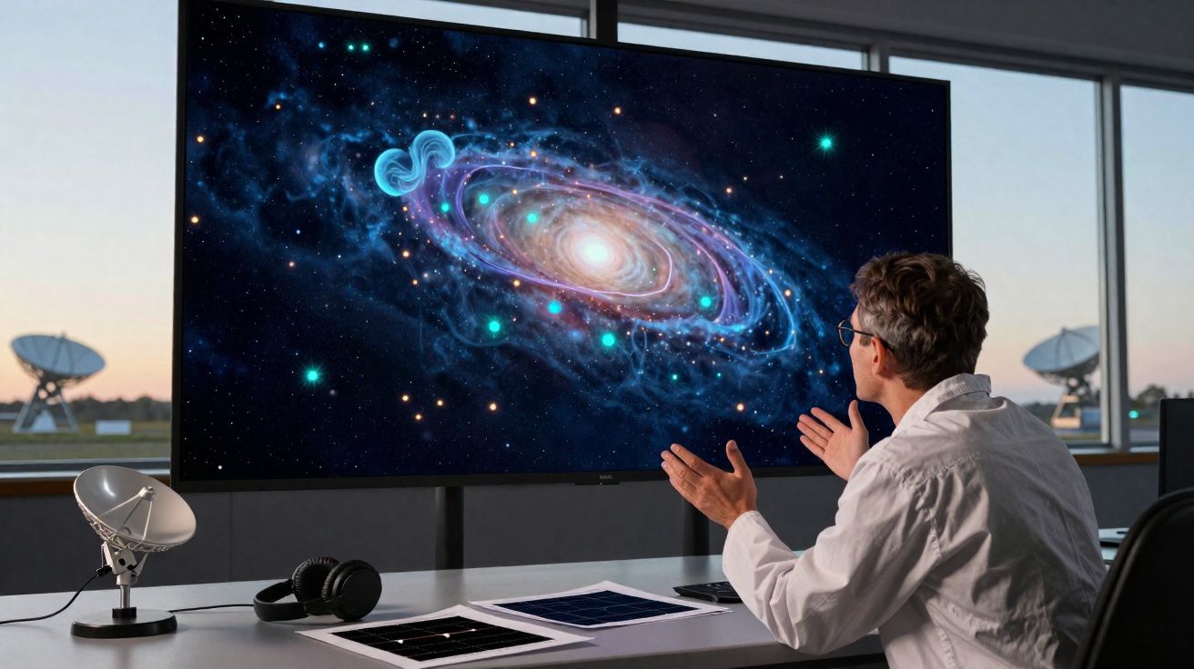 Cientista observa galáxia num grande ecrã numa sala com antenas parabólicas e janelas amplas.