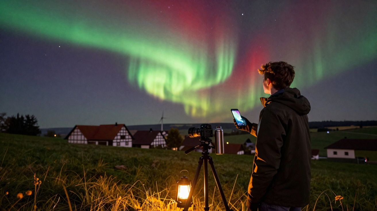 Homem observa a aurora boreal enquanto fotografa com câmara num campo à noite, com casas ao fundo.