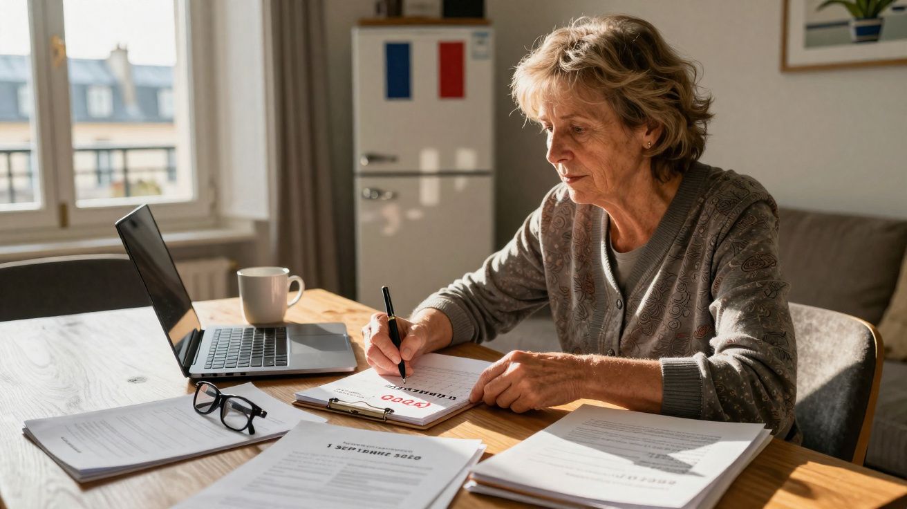 Mulher idosa sentada à mesa a fazer anotações num caderno, rodeada de documentos e computador portátil.
