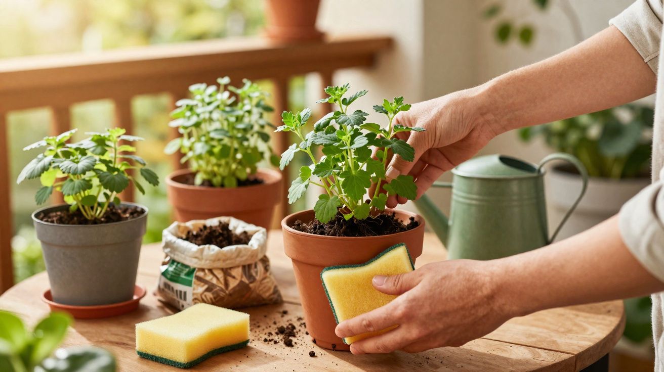 Pessoa a cuidar de planta em vaso de barro numa mesa com esponjas e regador verde.
