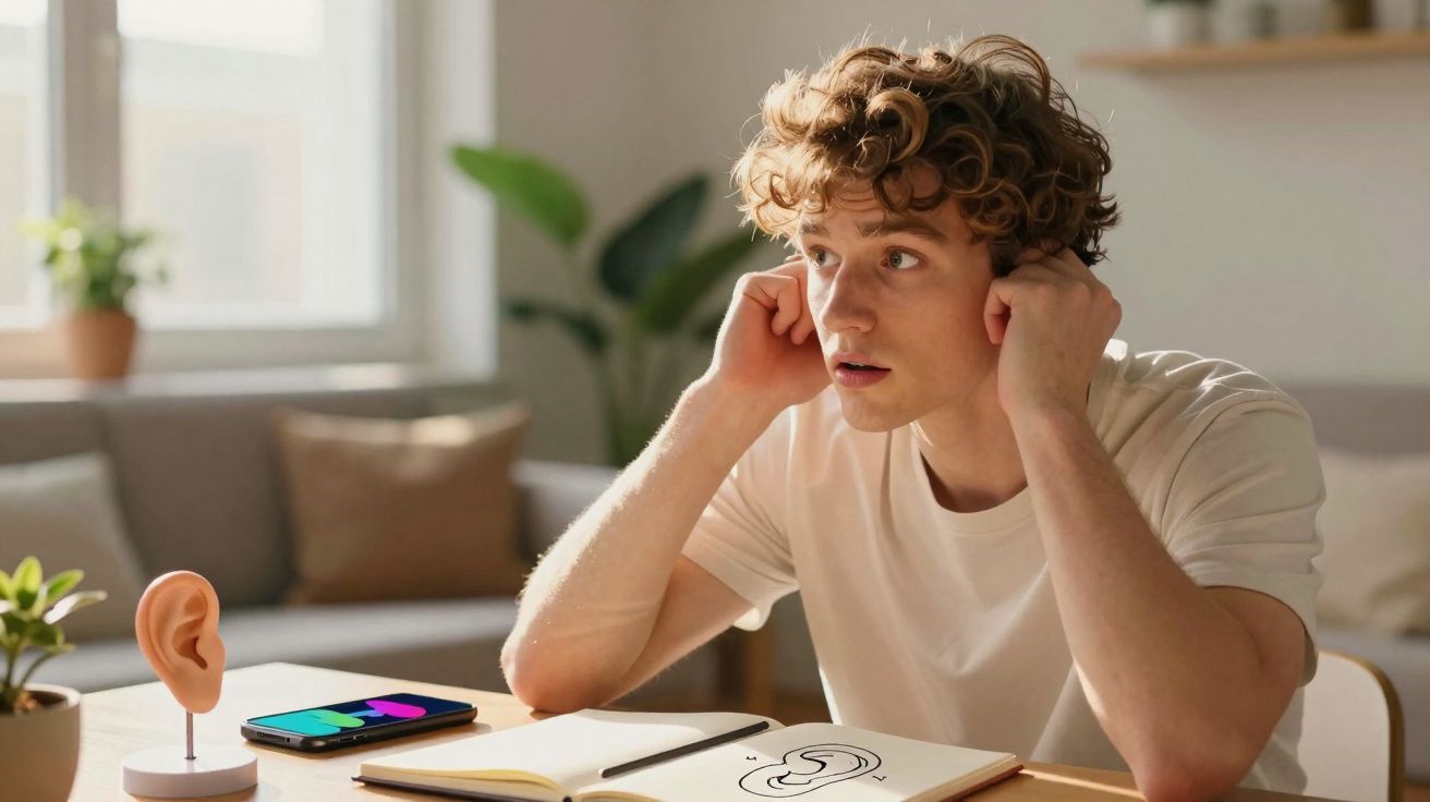 Homem jovem com cabelo encaracolado fecha os ouvidos sentado à mesa com modelo de ouvido e caderno aberto.