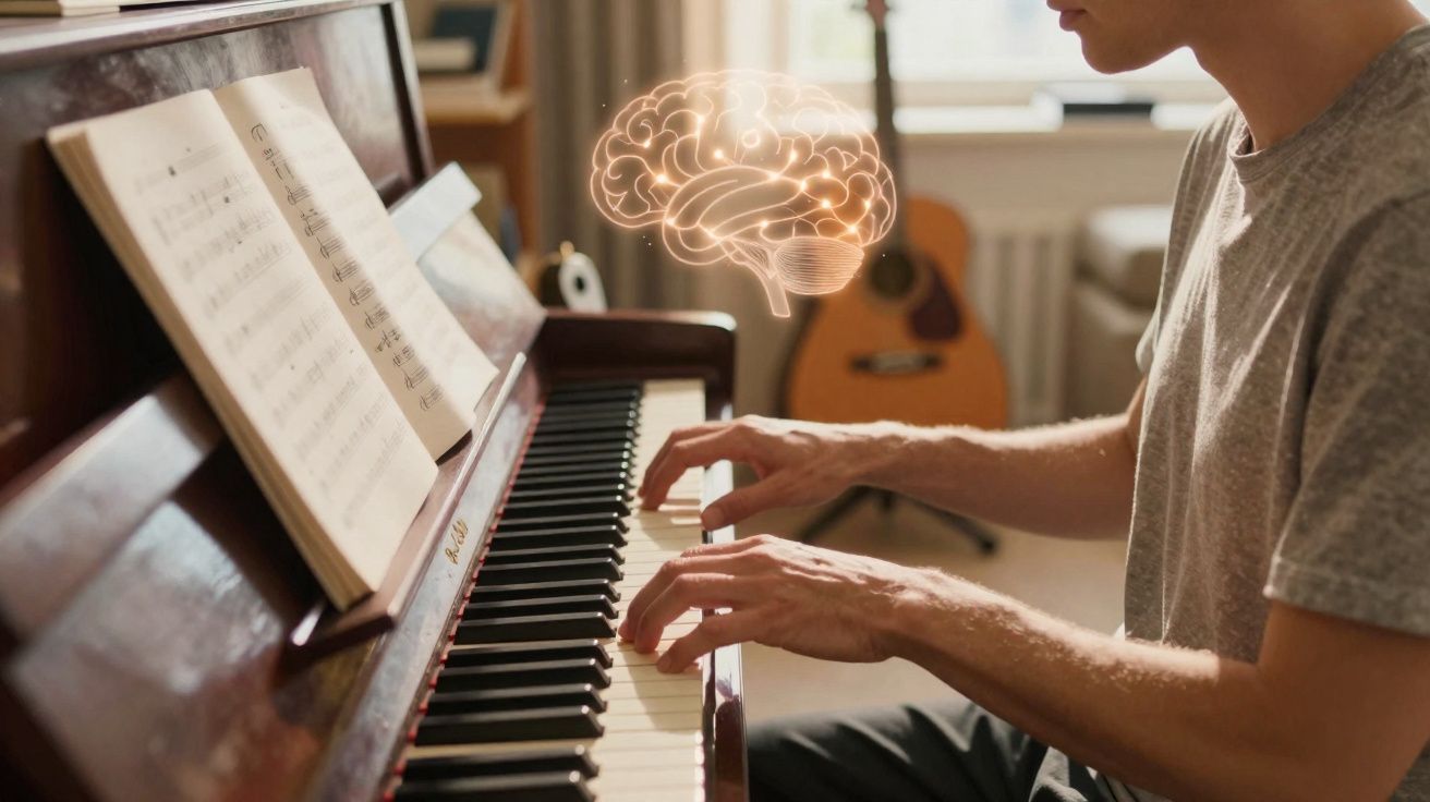 Pessoa a tocar piano com figuras digitais de cérebro a simbolizar criatividade e concentração.