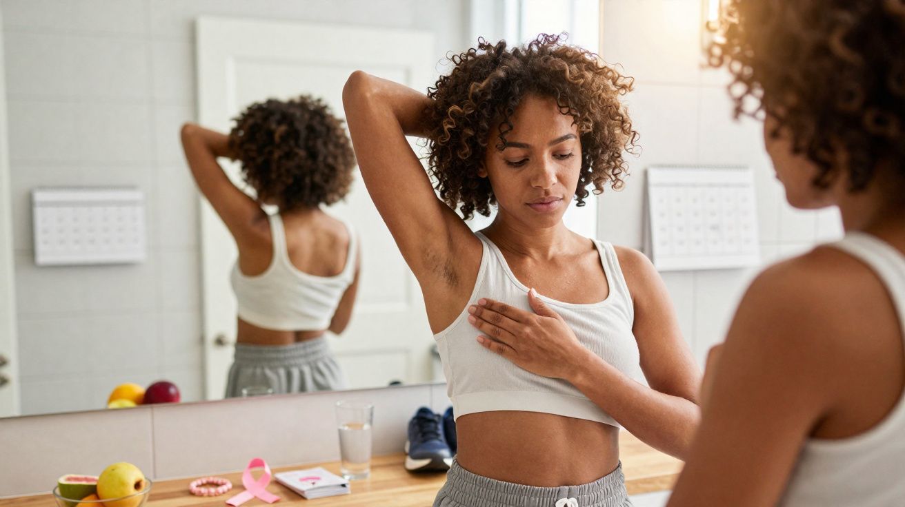 Mulher jovem faz exame das mamas em frente a espelho num quarto iluminado.