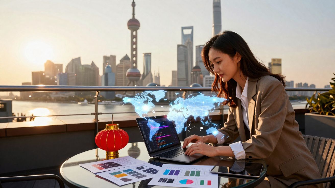 Mulher a trabalhar num laptop com gráficos e mapa digital, em terraço com vista para cidade ao pôr do sol.