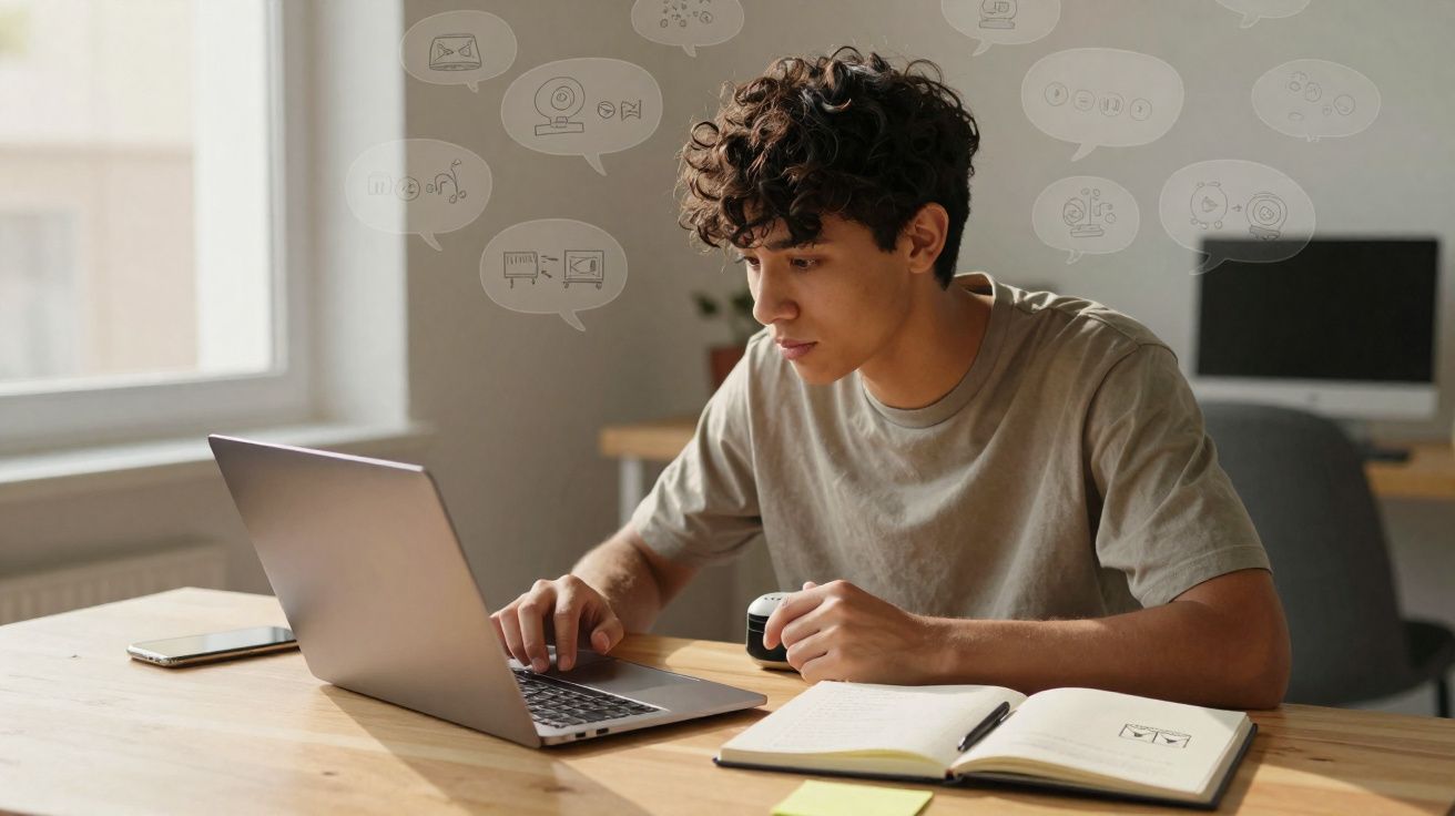 Jovem a trabalhar num computador portátil, com caderno aberto e smartphone numa mesa junto à janela.