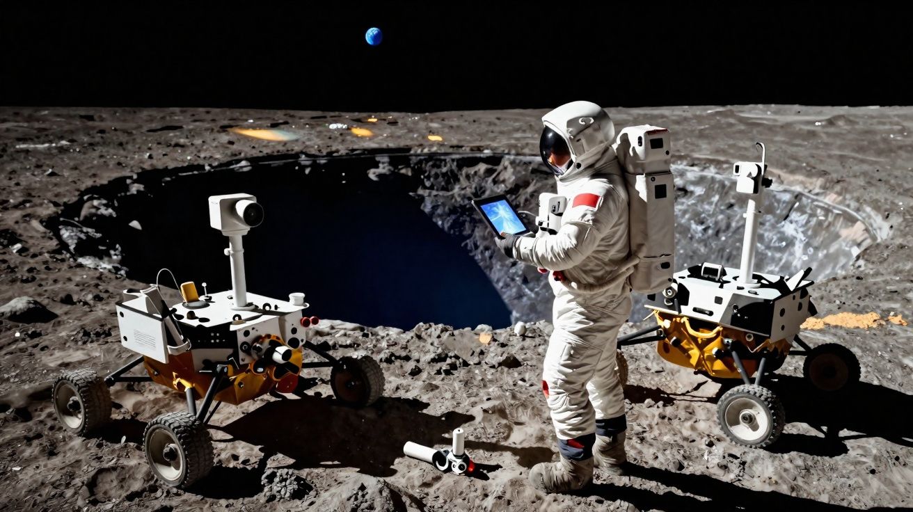 Astronauta na superfície lunar com dois robôs, cratera e Terra visível no fundo escuro.