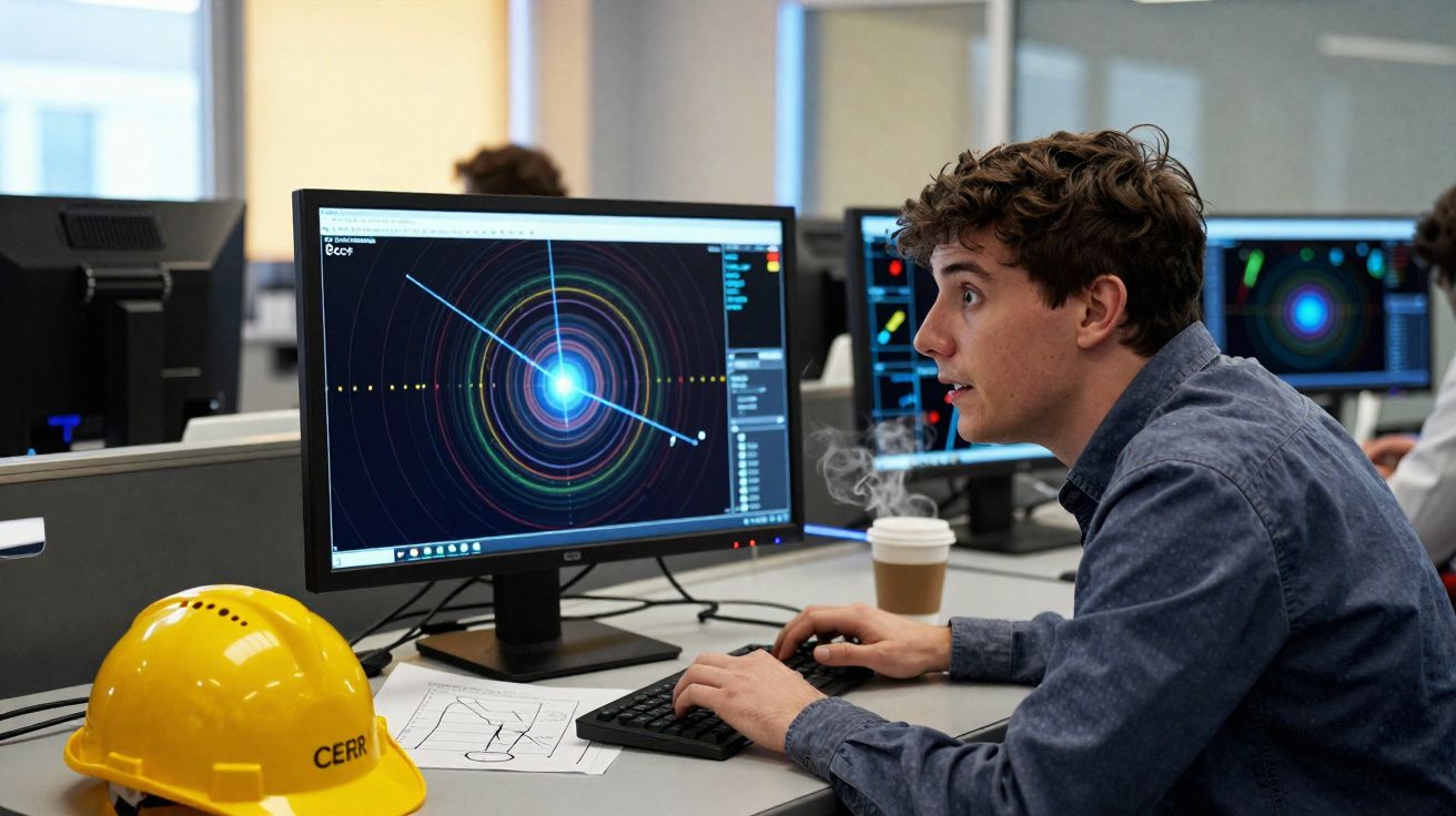 Jovem a analisar dados num computador, com capacete de segurança amarelo e café numa mesa de escritório.