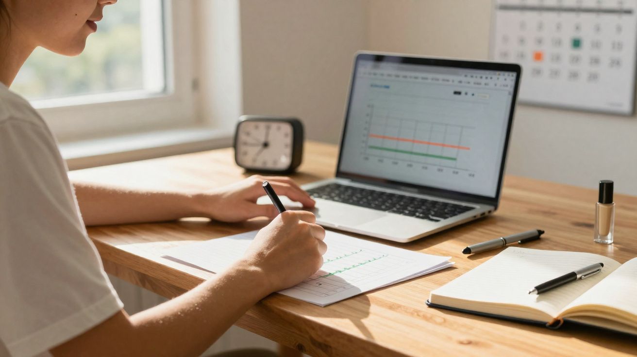 Pessoa a trabalhar em secretária com computador, papel e agenda, num ambiente iluminado pela luz natural.