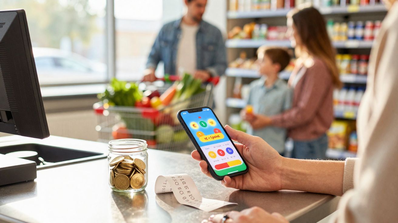 Pessoa a usar telemóvel para pagamento digital numa caixa de supermercado com jarro de moedas e talão na bancada.