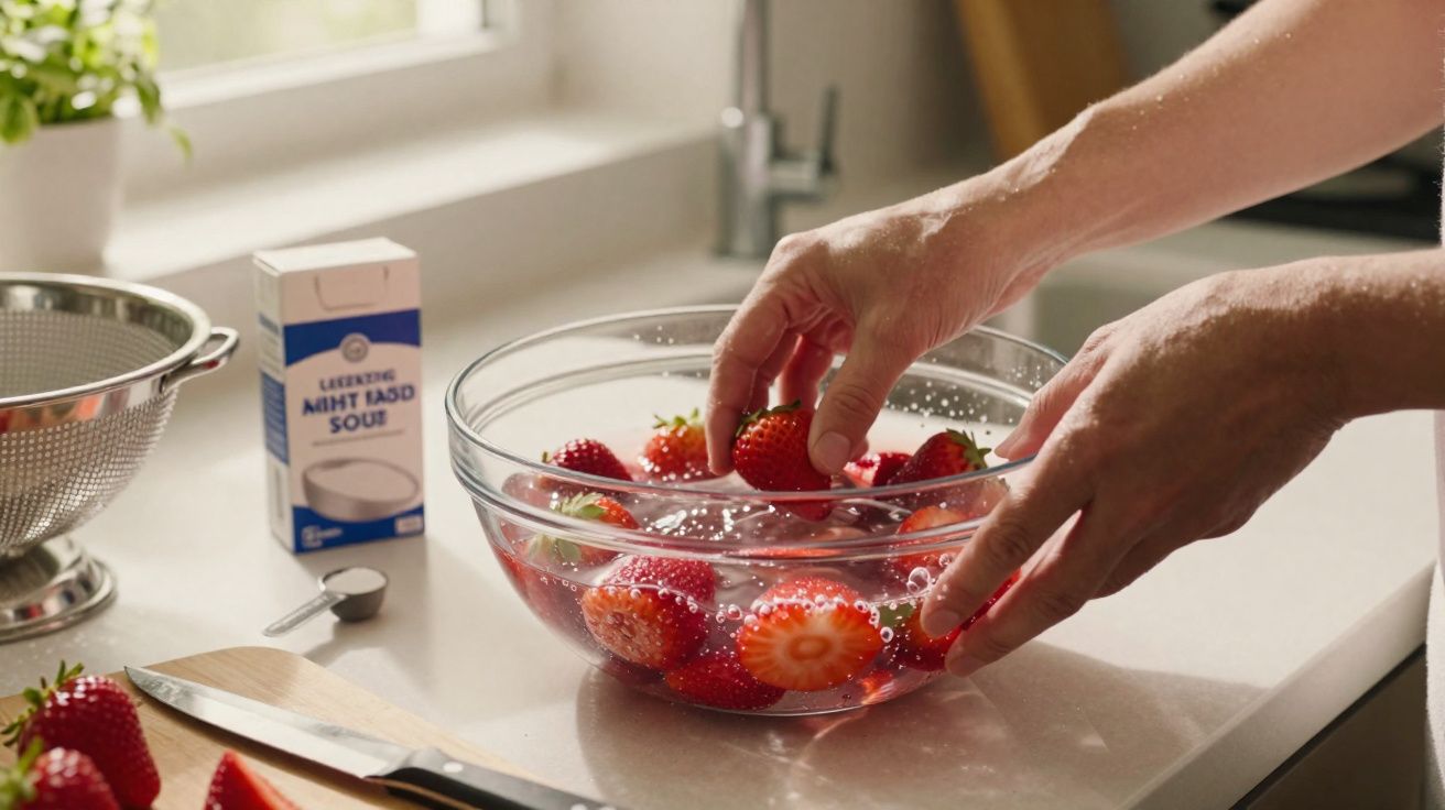 Mãos a lavar morangos numa taça transparente com água na cozinha, com utensílios e caixa de açúcar ao lado.