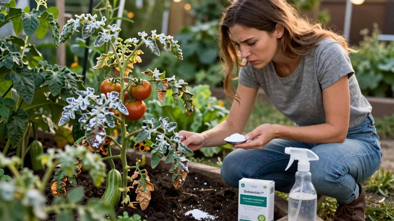 Mulher a cuidar de plantas de tomate com pó branco no jardim, verificando folhas danificadas.
