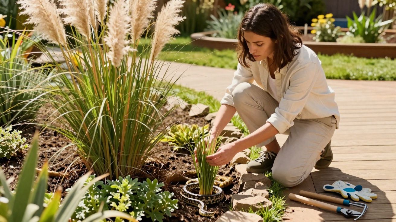 Mulher a tratar de plantas num jardim, agachada junto a um canteiro com ferramentas de jardinagem.