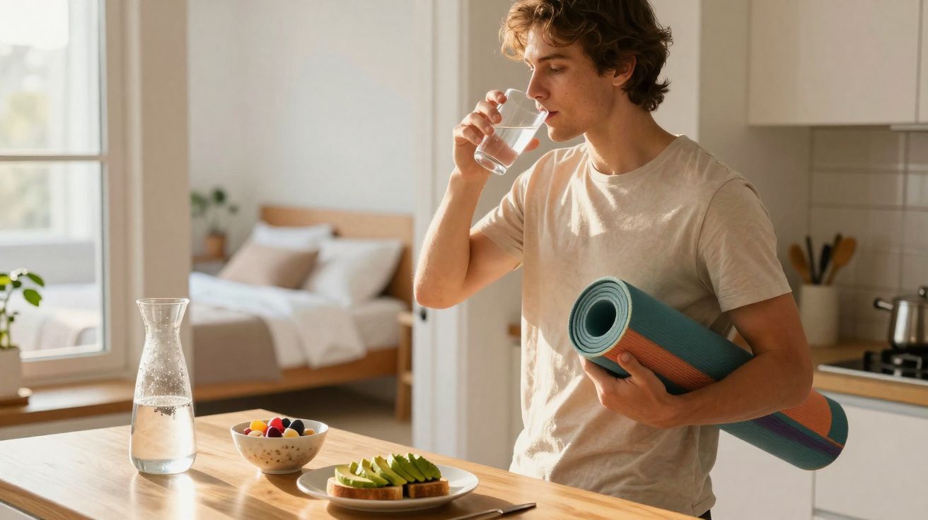 Homem com tapete de yoga bebe água numa cozinha com fruta e abacate em fatias na mesa.