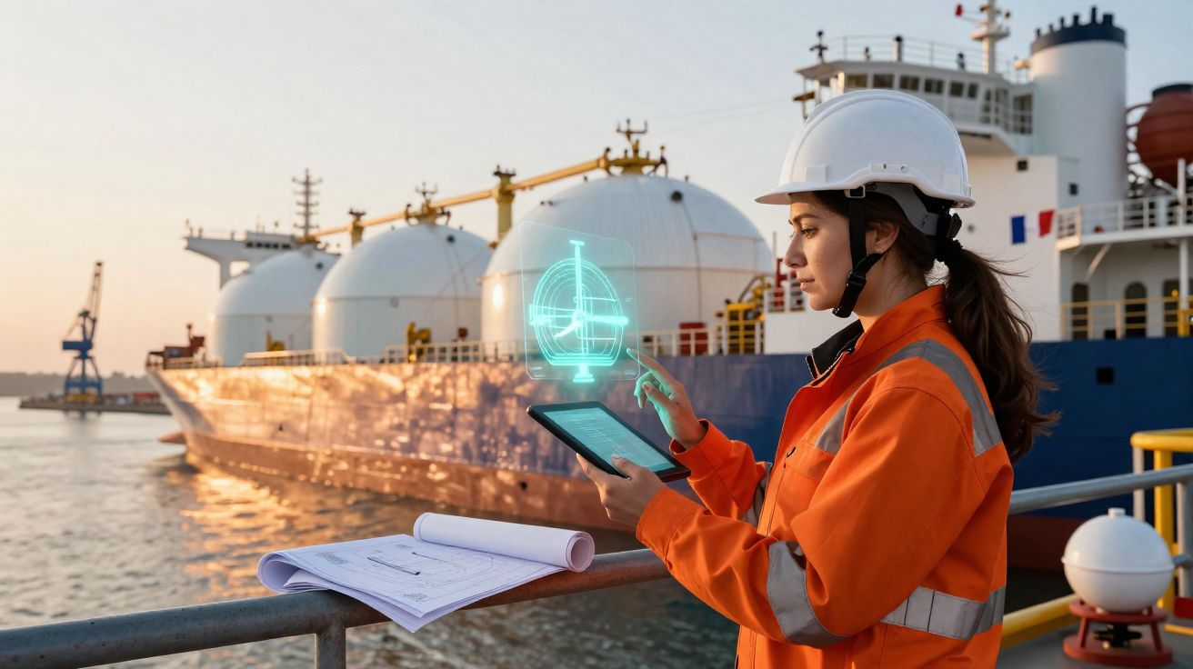 Engenheira com capacete e tablet controla holograma junto a navio tanque de gás ao pôr do sol.